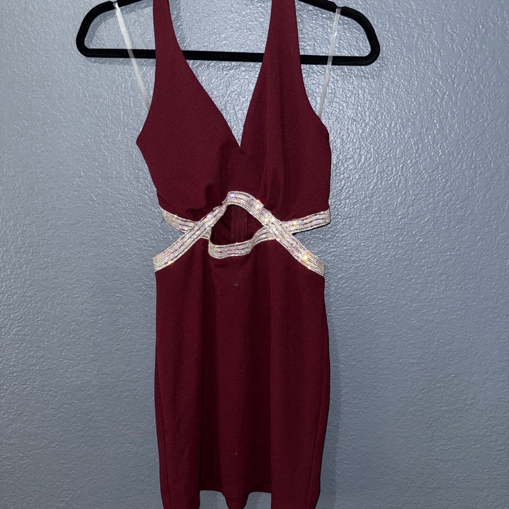 Speechless Burgundy Mini Dress with Beaded Waist Cutouts